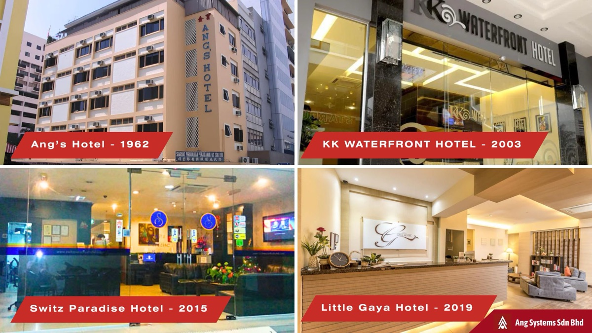 Hotels managed by Ang Systems over the years, including Ang's Hotel (1962), KK Waterfront Hotel (2003), Bella Paradise Hotel (2018) and Little Gaya Hotel (2019)